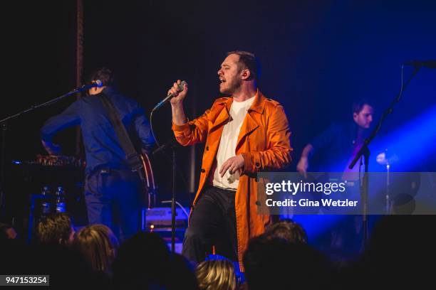 Singer Jonathan Higgs of the English band Everything Everything performs live on stage during a concert at the "LOCATION" on April 16, 2018 in...