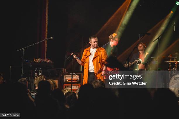 Singer Jonathan Higgs of the English band Everything Everything performs live on stage during a concert at the "LOCATION" on April 16, 2018 in...