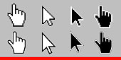 White arrow and pointer hand cursor icon set. Pixel and modern version of cursors signs. Symbols of direction and touch the links and press the buttons. Isolated on gray background vector illustration