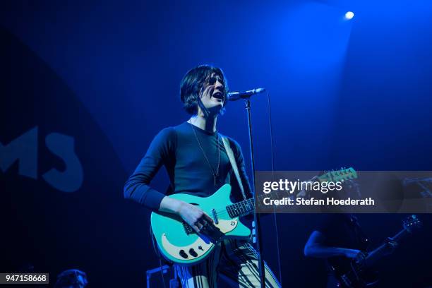 Singer Tom Ogden of Blossoms performs live on stage during a concert as support for Noel Gallagher's High Flying Birds at Max-Schmeling Hall on April...