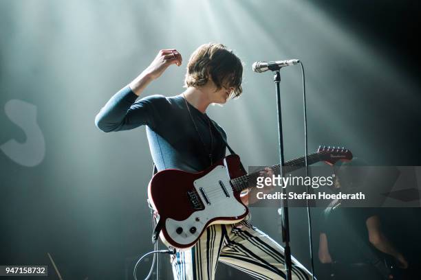 Singer Tom Ogden of Blossoms performs live on stage during a concert as support for Noel Gallagher's High Flying Birds at Max-Schmeling Hall on April...