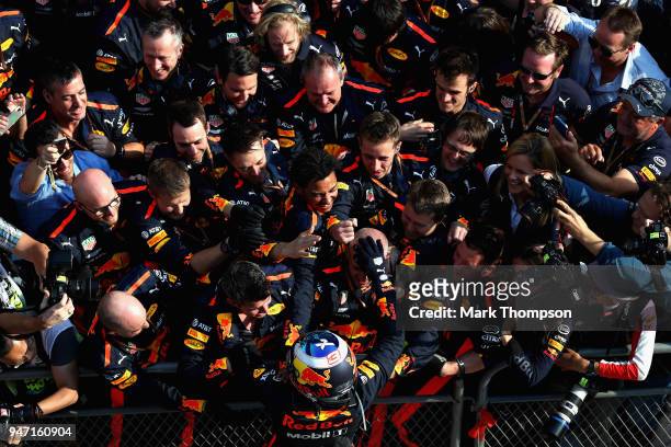 Race winner Daniel Ricciardo of Australia and Red Bull Racing celebrates with his team in parc ferme during the Formula One Grand Prix of China at...
