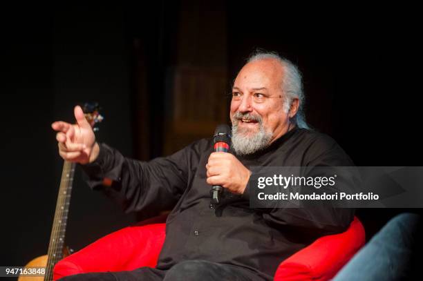 Singer and songwriter Eugenio Finardi interviewed by journalist Gianni Poglio, during the event Panorama d'Italia. Cagliari, Italy. 29th September...