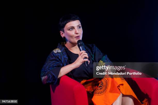 Singer Arisa , at Teatro Augusteo, being interviewed during the event Panorama d'Italia. Salerno, Italy. 9th September 2016