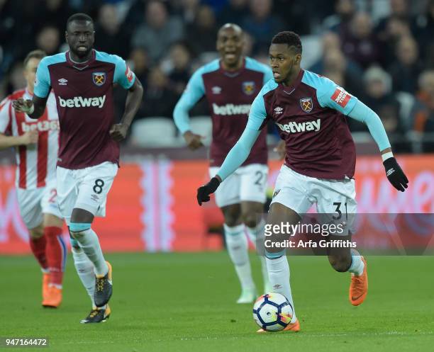 Edimilson Fernandes of West Ham United in action during the Premier League match between West Ham United and Stoke City at London Stadium on April...