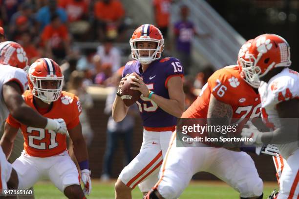 Hunter Johnson looks to throw a pass during action in the Clemson Spring Football game at Clemson Memorial Stadium on April 14, 2018 in Clemson, SC..