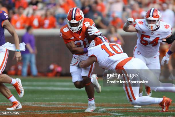 Darien Rencher runs with the ball during action in the Clemson Spring Football game at Clemson Memorial Stadium on April 14, 2018 in Clemson, SC..