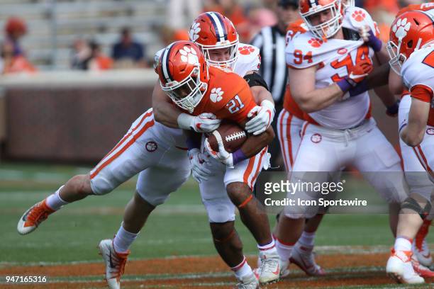 Darien Rencher runs with the ball during action in the Clemson Spring Football game at Clemson Memorial Stadium on April 14, 2018 in Clemson, SC..