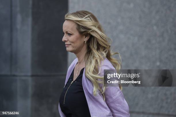Adult-film actress Stormy Daniels exits from Federal Court in New York, U.S., on Monday, April 16, 2018. Daniels claims she had sex with Donald Trump...
