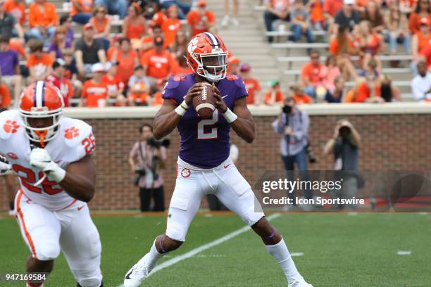 Kelly Bryant looks to throw a pass during action in the Clemson Spring Football game at Clemson Memorial Stadium on April 14, 2018 in Clemson, SC..