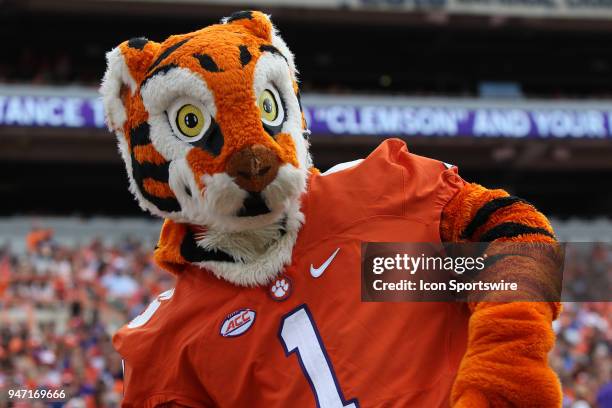 The Clemson mascot, The Tigeron the sidelines during the Clemson Spring Football game at Clemson Memorial Stadium on April 14, 2018 in Clemson, SC..