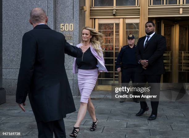 Adult film actress Stormy Daniels exits the United States District Court Southern District of New York for a hearing related to Michael Cohen,...