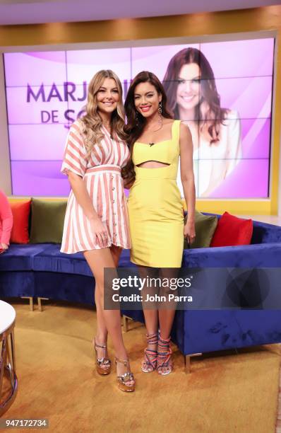 Marjorie De Sousa and Zuleyka Rivera are seen at Telemundo's "Un Nuevo Dia" on April 16, 2018 in Miami, Florida.