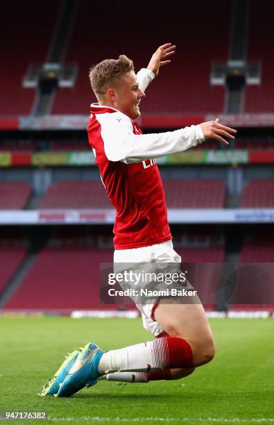 Captain Danny Bullard of Arsenal celebrates after scoring his sides second goal during the FA Youth Cup Semi Final 2nd Leg match between Arsenal and...