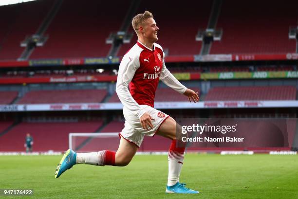 Captain Danny Bullard of Arsenal celebrates after scoring his sides second goal during the FA Youth Cup Semi Final 2nd Leg match between Arsenal and...