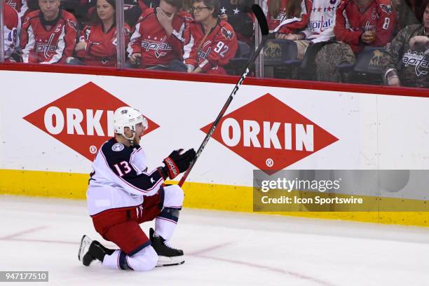 Columbus Blue Jackets right wing Cam Atkinson celebrates his second period power play goal against the Washington Capitals on April 15 at the Capital...