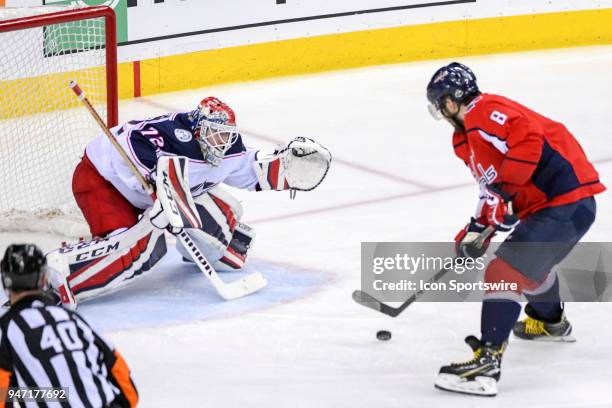 Columbus Blue Jackets goaltender Sergei Bobrovsky makes a save on shot by Washington Capitals left wing Alex Ovechkin in the third period on April 15...