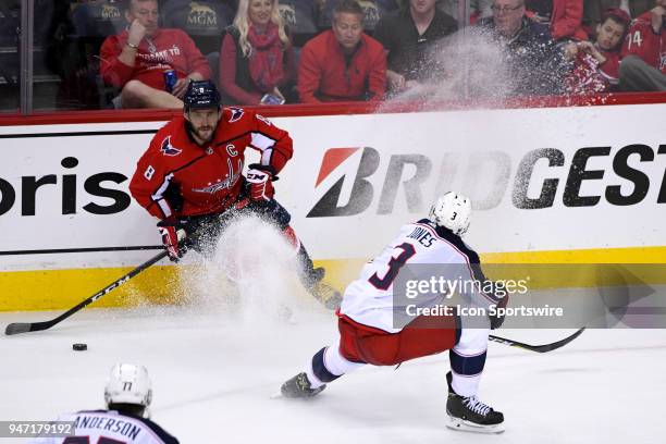 Washington Capitals left wing Alex Ovechkin skates in the third period against Columbus Blue Jackets defenseman Seth Jones on April 15 at the Capital...