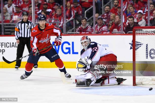 Columbus Blue Jackets goaltender Sergei Bobrovsky makes a first period save on shot by Washington Capitals right wing Alex Chiasson on April 15 at...