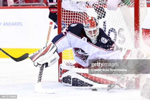 Columbus Blue Jackets goaltender Sergei Bobrovsky makes a first period save against the Washington Capitals on April 15 at the Capital One Arena in...