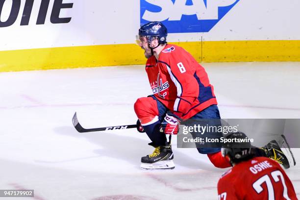 Washington Capitals left wing Alex Ovechkin celebrates his second period power play goal against the Columbus Blue Jackets on April 15 at the Capital...