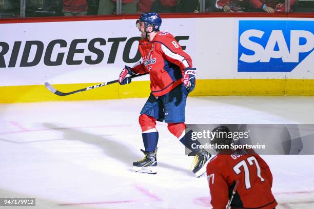 Washington Capitals left wing Alex Ovechkin celebrates his second period power play goal against the Columbus Blue Jackets on April 15 at the Capital...