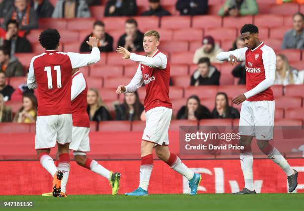 Daniel Ballard celebrates scoring Arsenal's 5th goal during the match between Arsenal and Blackpool at Emirates Stadium on April 16, 2018 in London,...