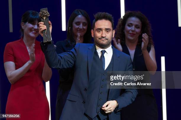 Director Juan Antonio Bayona receives the 'Malaga Hoy' award during the 21th Malaga Film Festival at the Cervantes Theater on April 16, 2018 in...