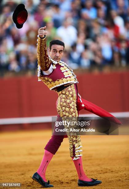 Spanish Bullfighter Enrique Ponce performs during the Feria de Abril Bullfight at La Maestranza on April 16, 2018 in Seville, Spain.