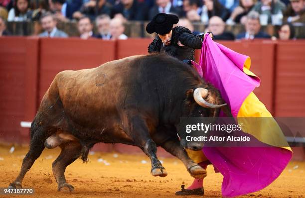 Spanish Bullfighter Alejandro Talavante performs during the Feria de Abril Bullfight at La Maestranza on April 16, 2018 in Seville, Spain.