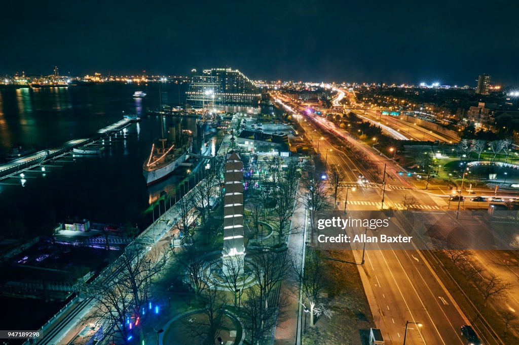 Aerial view of the Independence Seaport museum at River Delaware at night