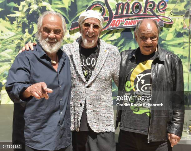 Tommy Chong, Lou Adler, and Cheech Marin pose for portrait at the Key to The City of West Hollywood Award Ceremony at The Roxy Theatre on April 16,...