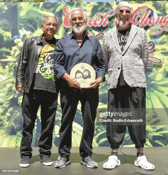 Cheech Marin, Tommy Chong, and producer Lou Adler pose for portait at the Key to The City of West Hollywood Award Ceremony at The Roxy Theatre on...