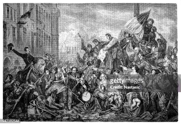schlacht auf den barrikaden am 21. september 1830. - barrikade stock-grafiken, -clipart, -cartoons und -symbole
