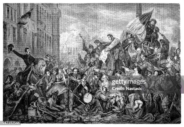 battle on the barricades on 21st september 1830. - barricade stock illustrations