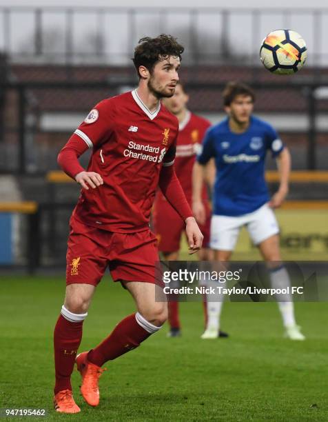 Corey Whelan of Liverpool in action during the Everton v Liverpool PL2 game on April 16, 2018 in Southport, England.