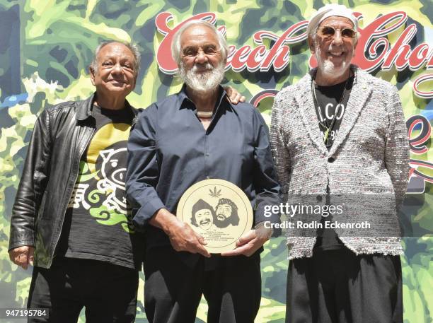 Cheech Marin, Tommy Chong, and producer Lou Adler pose for portait at the Key to The City of West Hollywood Award Ceremony at The Roxy Theatre on...