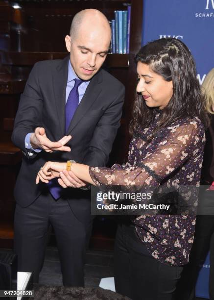 Edouard dArbaumont presents Sonejuhi Sinha with her new IWC Portofino watch at the IWC Tribeca Film Festival Filmmaker Award Celebration on April 16,...