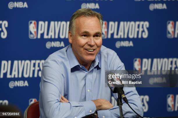 Head Coach Mike D'Antoni of the Houston Rockets speaks during the post-game press conference after Game One of Round One against the Minnesota...