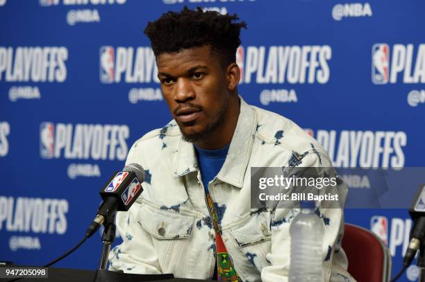 Jimmy Butler of the Minnesota Timberwolves speaks during the post-game press conference after Game One of Round One against the Houston Rockets of...