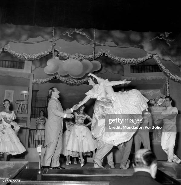 Italian actor Carlo Dapporto performing in the musical Giove in doppiopetto staged at Teatro lirico of Milan. Milan, October 1954