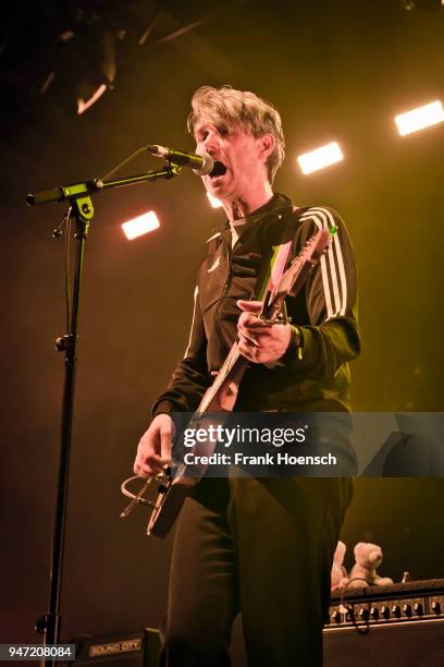 Singer Dirk von Lowtzow of the German band Tocotronic performs live on stage during a concert at the Columbiahalle on April 16, 2018 in Berlin,...