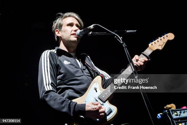 Singer Dirk von Lowtzow of the German band Tocotronic performs live on stage during a concert at the Columbiahalle on April 16, 2018 in Berlin,...