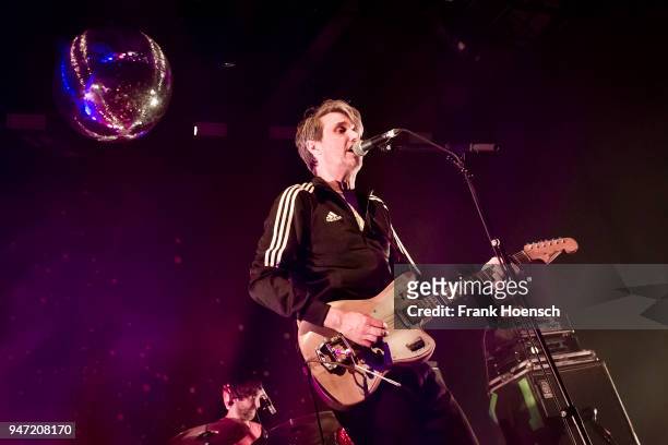 Singer Dirk von Lowtzow of the German band Tocotronic performs live on stage during a concert at the Columbiahalle on April 16, 2018 in Berlin,...