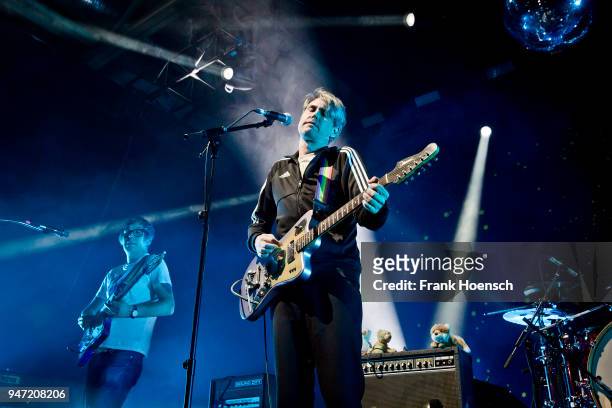 Rick McPhail and Dirk von Lowtzow of the German band Tocotronic perform live on stage during a concert at the Columbiahalle on April 16, 2018 in...