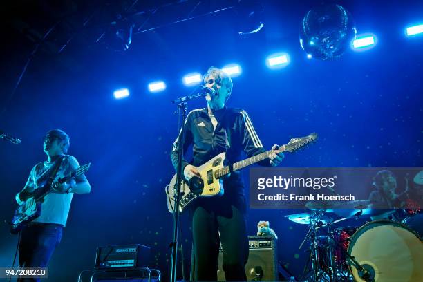 Rick McPhail, Dirk von Lowtzow and Arne Zank of the German band Tocotronic perform live on stage during a concert at the Columbiahalle on April 16,...
