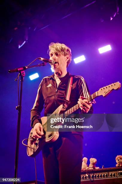 Singer Dirk von Lowtzow of the German band Tocotronic performs live on stage during a concert at the Columbiahalle on April 16, 2018 in Berlin,...