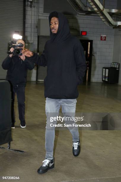 Ed Davis of the Portland Trail Blazers arrives before the game against the New Orleans Pelicans in Game One of Round One of the 2018 NBA Playoffs on...