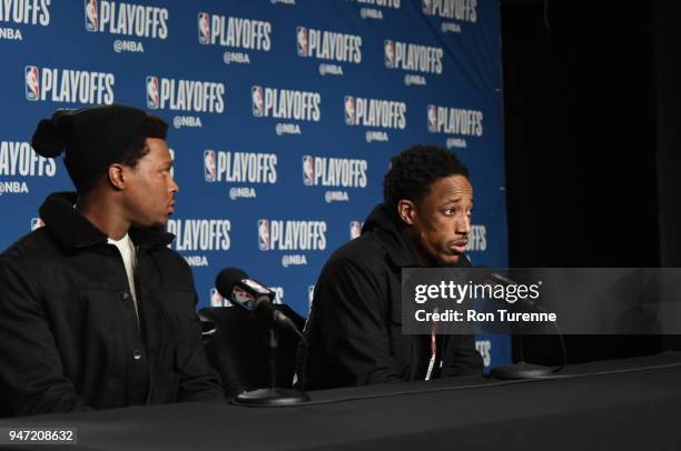 DeMar DeRozan of the Toronto Raptors speaks during the post-game press conference after Game One of Round One against the Washington Wizards of the...