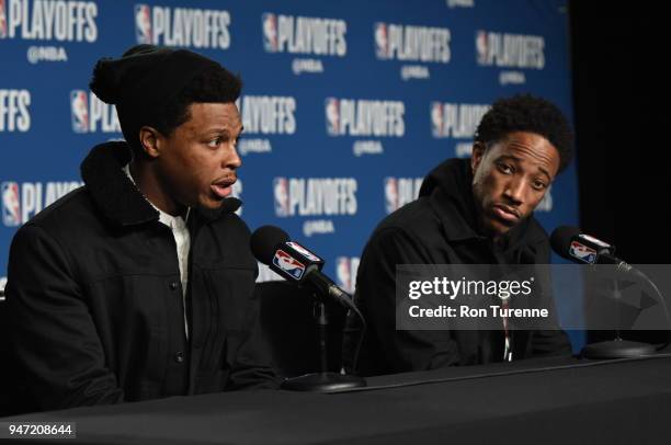Kyle Lowry of the Toronto Raptors speaks during the post-game press conference after Game One of Round One against the Washington Wizards of the 2018...